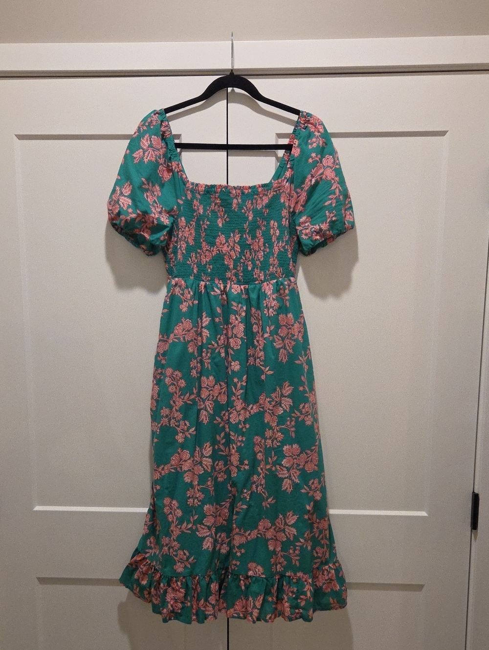 J. Crew Green Midi Smocked Dress with Pink Floral Print